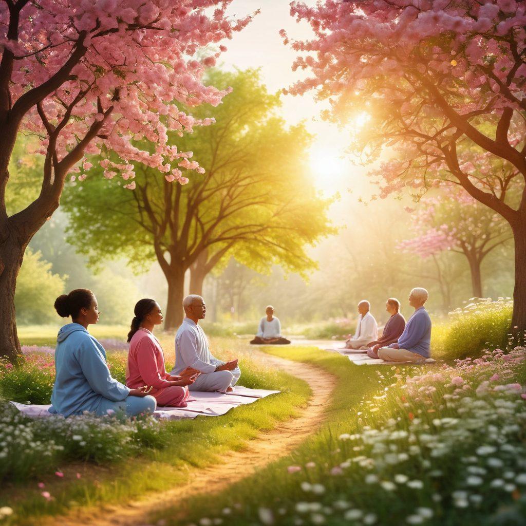 A serene scene featuring a diverse group of individuals engaging in wellness activities like meditation, group therapy, and nature walks amidst blooming flowers and trees. Include symbols of cancer care like ribbons and healthcare themes subtly integrated into the background. Soft warm lighting to evoke a sense of hope and empowerment, with a transparent overlay of scientific research charts. super-realistic. vibrant colors. organic elements.