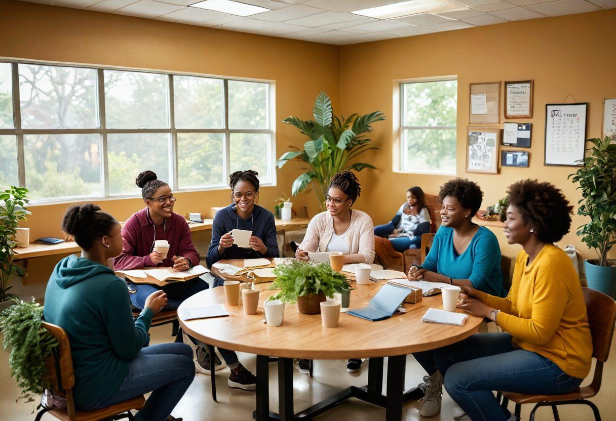 A warm and inviting scene depicting a diverse group of individuals in a cozy community center, engaged in supportive conversations. One person is sharing their experience, while others listen intently, holding coffee cups and using notebooks. Include elements of healing like plants and soft lighting to create a hopeful atmosphere. The room is decorated with positive affirmations and healthcare resources. vibrant colors. super-realistic.